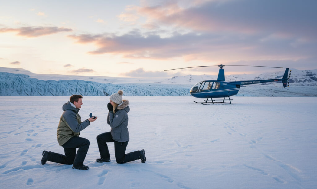 proposal over a icelandic glacier